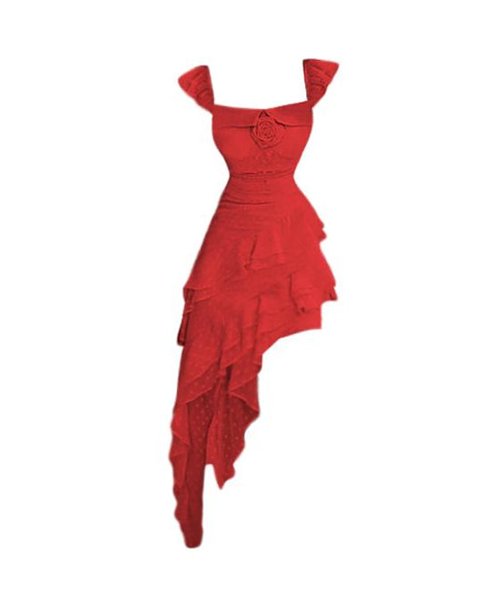 Modisches rotes Chiffon-Kleid mit quadratischem Ausschnitt und Rüschen, Sommer-/Ferienkleid RF0599