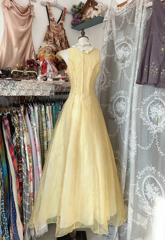 Glam Butter Yellow Evening Gowns Round Neck A-Line Tulle Party Dress RF0608