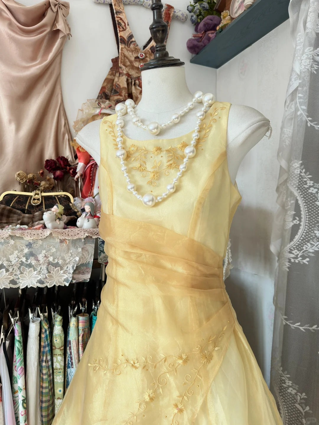Glam Butter Yellow Evening Gowns Round Neck A-Line Tulle Party Dress RF0608