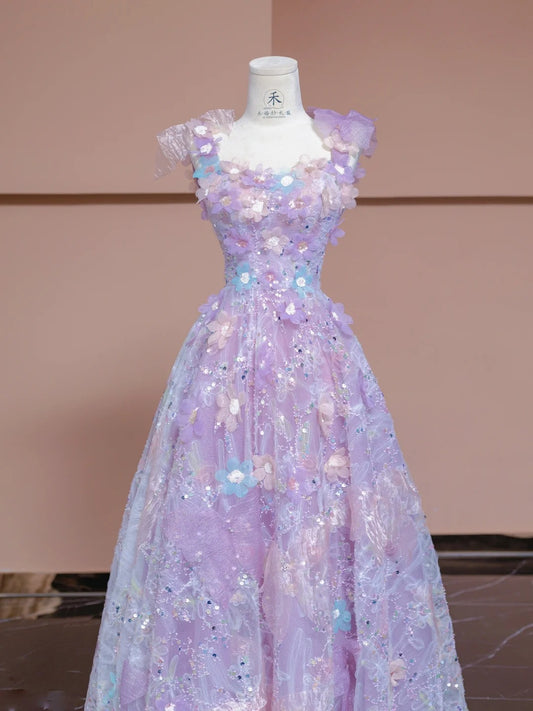 Gorgeous Purple Applique Square Neck A-Line Tulle Long Prom Dresses Sweet 16 Evening Dress RF0609