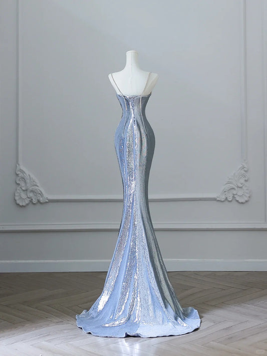 Elegant Silver Spaghetti Strap Mermaid Sequin Long Prom Dresses Formal Evening Gowns RF0616