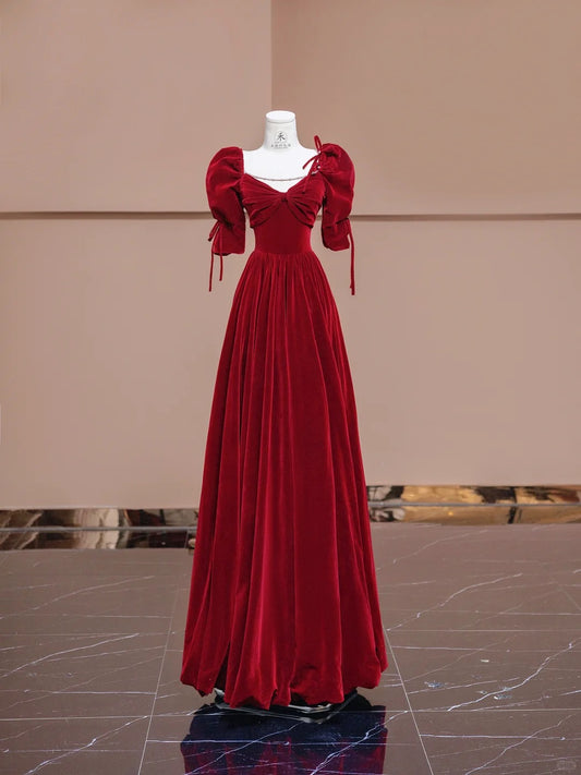 Elegant Burgundy V-neck A-Line Velvet Long Prom Dresses Formal Evening Gowns RF0621