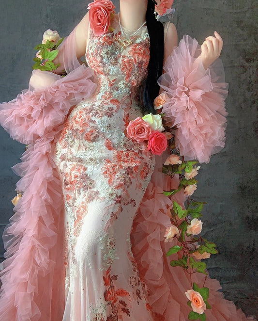 Fairytale Orange Crew Neck Mermaid Tulle Applique Long Prom Dresses Formal Evening Gowns RF0628