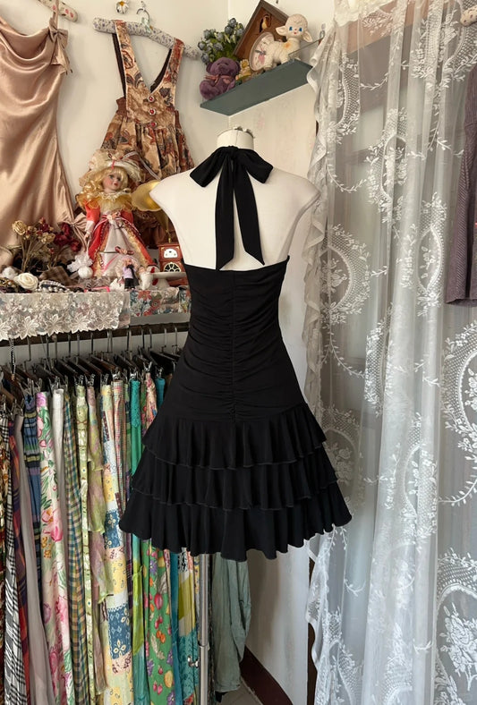 Elegant Black Backless Party Dress V-Neck A-Line Layered Chiffon Evening Gowns RF0632