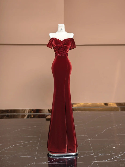 Elegant Burgundy Off-the-shoulder Mermaid Velvet Long Prom Dresses Formal Evening Gowns with Slits RF0639