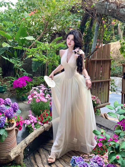 Elegantes Apricot Chiffon Sommerkleid mit V-Ausschnitt RF0646