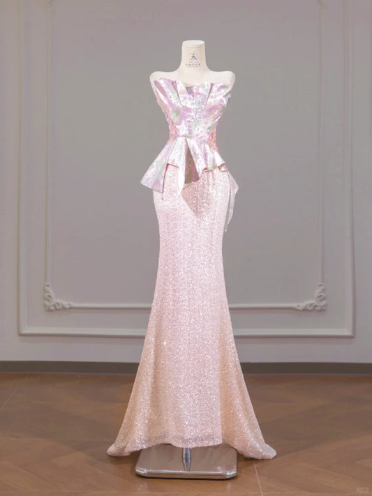 Gorgeous Pink Strapless Tulle Sequin Mermaid Satin Prom Dresses Formal Evening Gowns RF0654