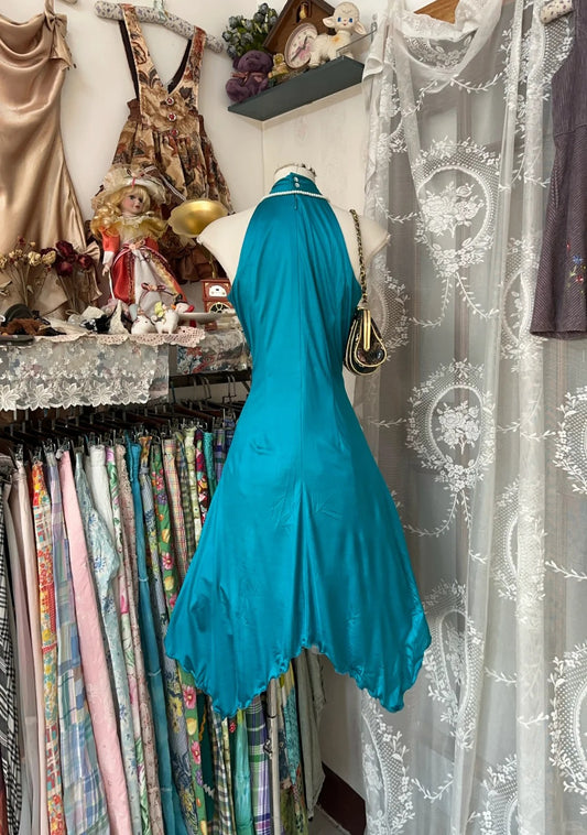 Elegantes, blaugrünes Satin-Neckholder-A-Linien-Kurzballkleid, schlichtes Abendkleid RF0658