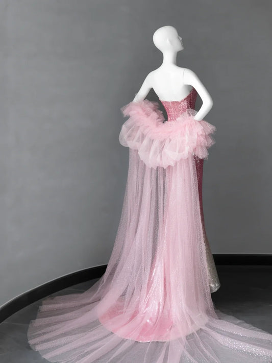 Gorgeous Pink Strapless Mermaid Sequin Long Prom Dresses Formal Evening Gowns RF0659