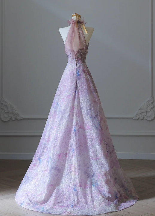 Fairytale Purple Lace Beaded Turtleneck A-Line Long Prom Dresses Formal Evening Gowns RF0661