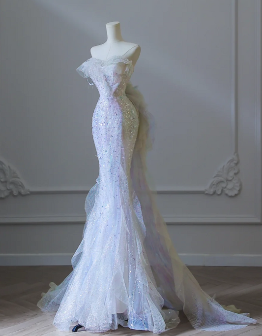 Gorgeous Purple Strapless Tulle Mermaid Sequin Long Prom Dresses Formal Evening Gowns RF0662