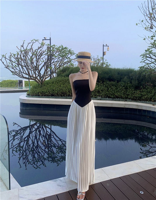 Elegantes trägerloses schwarzes Sommer-Maxikleid im Hepburn-Stil RF0669