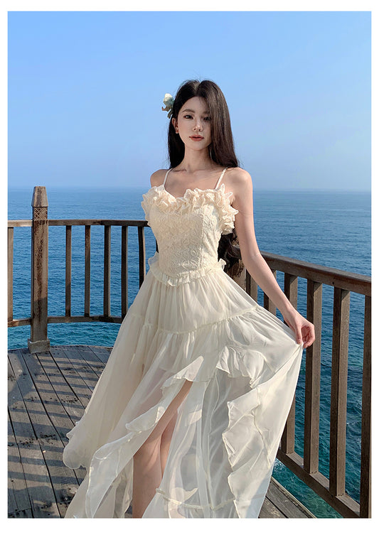 Elegantes französisches Maxikleid mit Trägern in Weiß RF0670