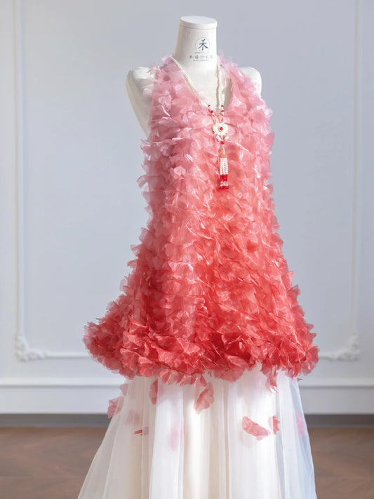 Gorgeous Pink V-neck A-Line Tulle Long Porm Dresses Sweet Evening Gowns RF0673
