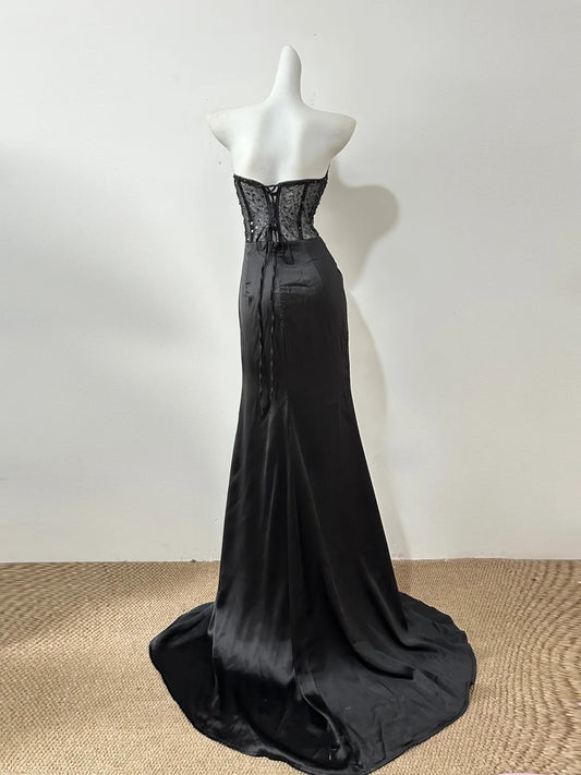 Glam Black Strapless Mermaid Satin Long Porm Dresses Formal Evening Gowns RF0679