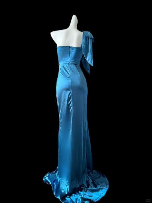 Gorgeous Blue One Shoulder Bodycon Satin Slit Long Prom Dresses Formal Evening Gowns RF0695