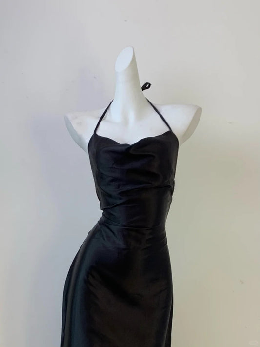 Elegant Black Halter Sheath Satin Backless Prom Dresses Evening Gowns RF0697