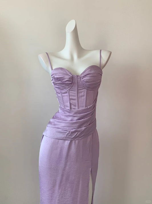 Gorgeous Purple Spaghetti Straps Bodycon Satin Prom Dresses Formal Evening Gowns RF0698