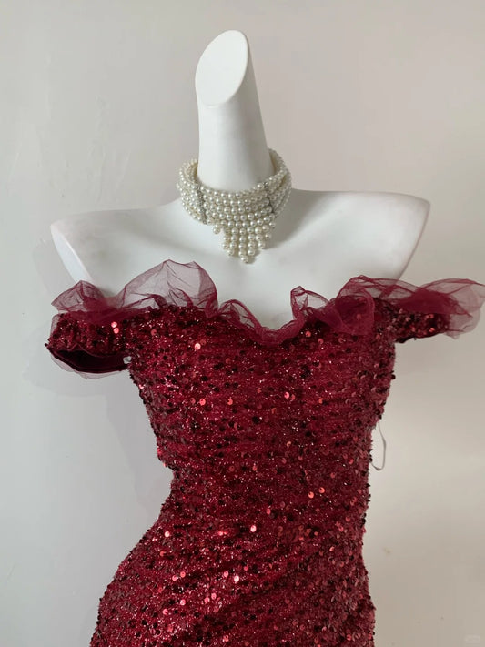 Gorgeous Burgundy Off-shoulder Mermaid Sequin Formal Evening Dresses Gowns Prom Dresses RF0706