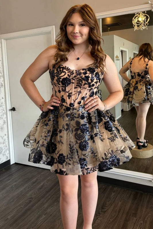 Hübsches Champagner Spaghettiträger A-Linie Tüll Applikationen Kurzes Ballkleid Homecoming Kleid RF0729