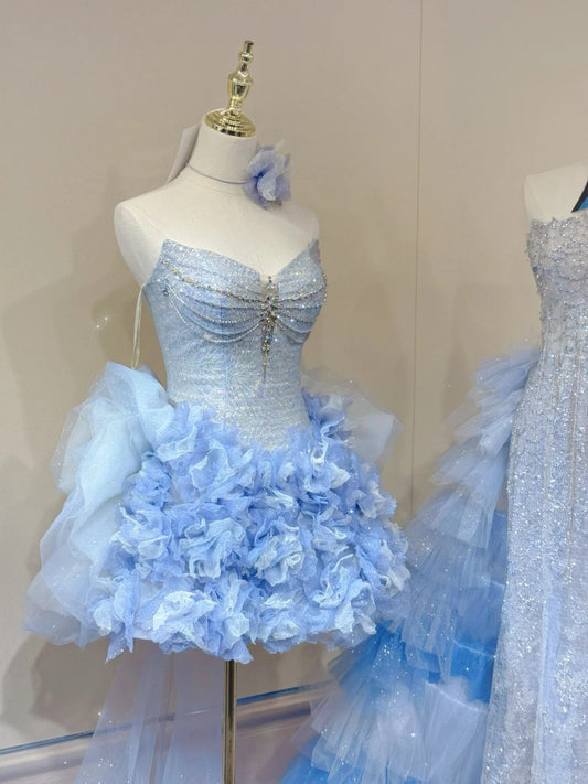Wunderschönes blaues trägerloses A-Linien-Abendkleid mit Perlenbesatz und Tüll, kurzes Ballkleid, Homecoming-Kleid mit Applikationen RF0738