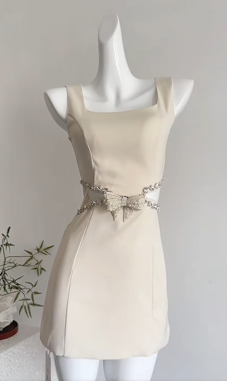 Elegantes Apricot Square Neck Bodycon Satin Kurzes Partykleid Homecoming-Kleid mit Schleife RF0742