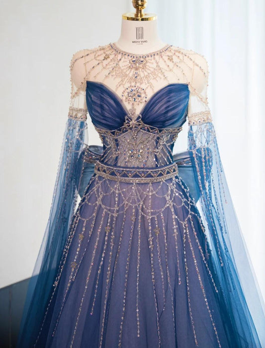 Gorgeous Navy Blue Crew Neck A-Line Tulle Beading Long Prom Dresses Formal Evening Dress RF0744