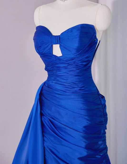 Elegant Royal Blue Strapless Mermaid Satin Long Prom Dresses Formal Evening Dress RF0745