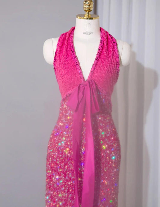 Gorgeous Fuchsia V-neck Sheath Lace Sequins Long Prom Dresses Formal Evening Dress RF0746