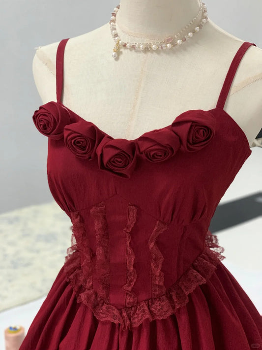 Elegantes Burgunder Spaghettiträger A-Linie Satin Kurzes Ballkleid Süßes Homecoming-Kleid RF0754