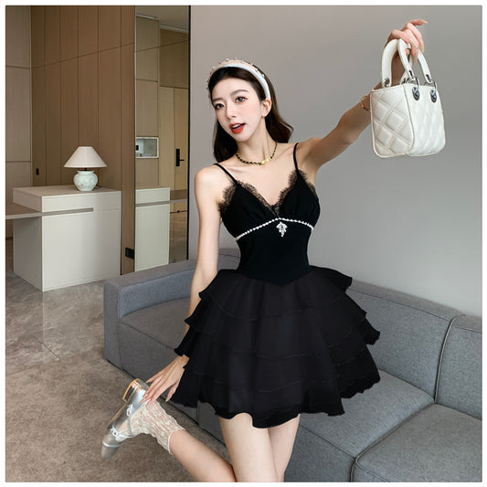Sexy schwarze Spaghettiträger A-Linie Chiffon kurzes Homecoming-Kleid RF0777