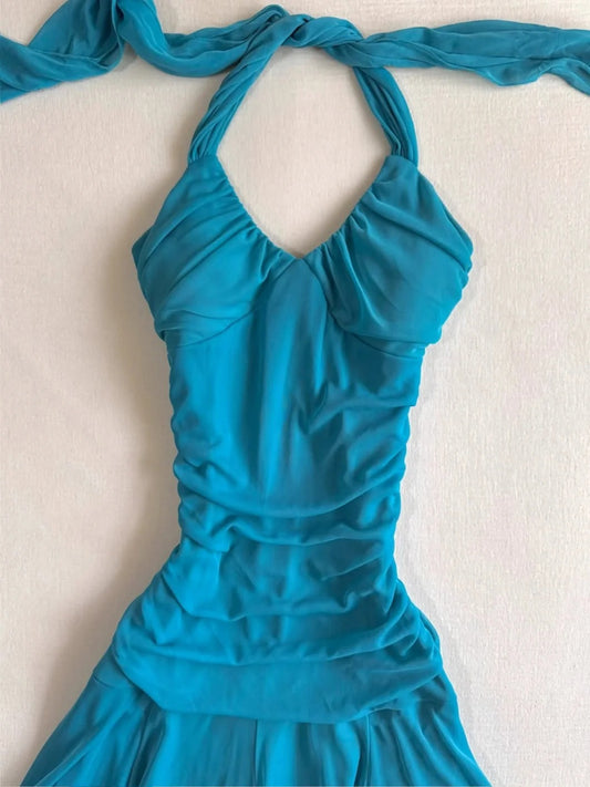 Vintage Blau Neckholder Meerjungfrau Chiffon Kurze Ballkleider Homecoming Kleider RF0782