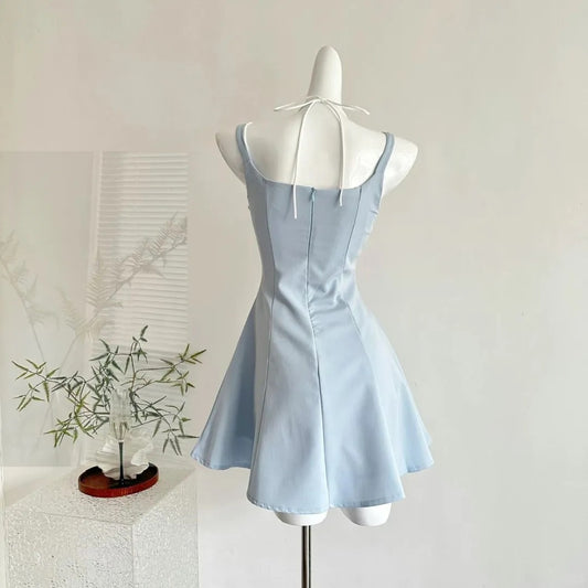 Schicke blaue Spaghettiträger Etuikleid aus Satin, kurze Partykleider, Homecoming-Kleider RF0843