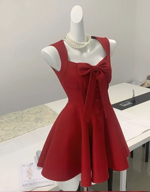 Elegantes Burgunderrotes A-Linien-Ballkleid aus Satin mit quadratischem Ausschnitt, kurzes Kleid RF0876