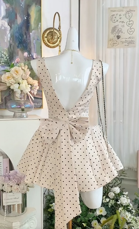 Herzausschnitt Helles Champagner A-Linie Satin Polka Dot Offener Rücken Kurzes Partykleid mit Schleife RF0882