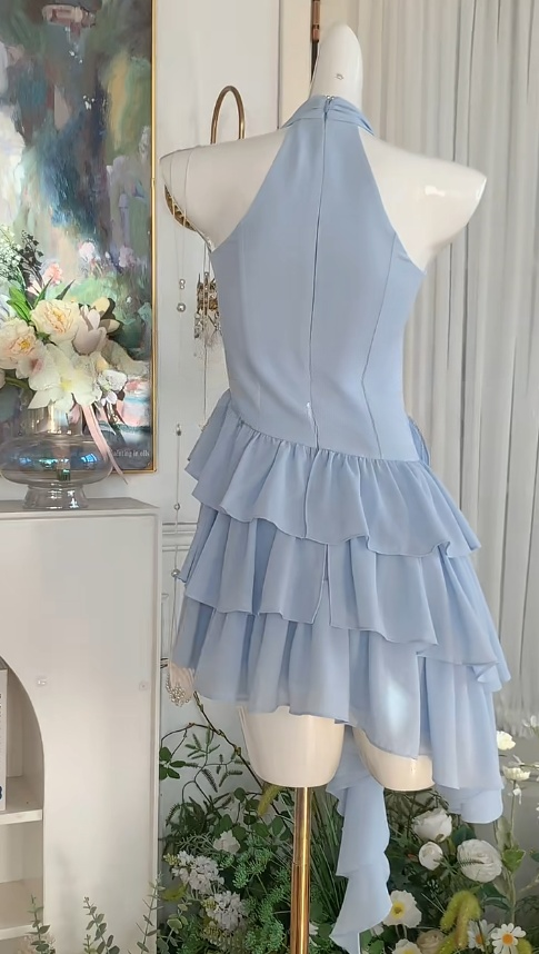 Mode Blau Halter Mantel Chiffon Kurze Party Kleider Süße 16 Geburtstag Kleid RF0886