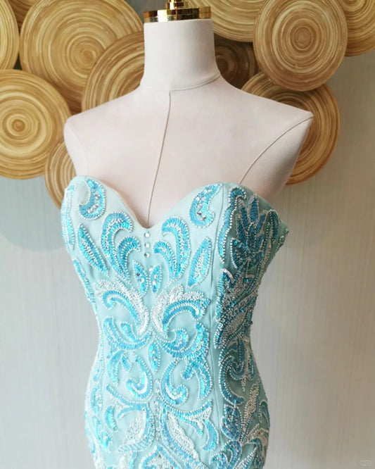 Vintage Blau Trägerloses Etuikleid Perlen Kurzes Ballkleid RF0890