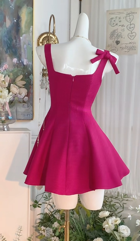 Süßes Square Neck Dark Pink A-Linie Kurzes Ballkleid Geburtstagspartykleid RF0903