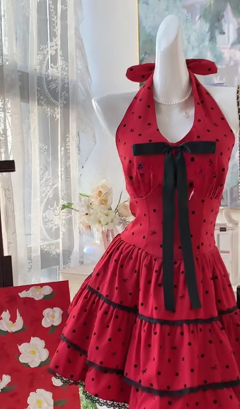 Robe de soirée courte rouge élégante à pois et dos nu, coupe trapèze, RF0904