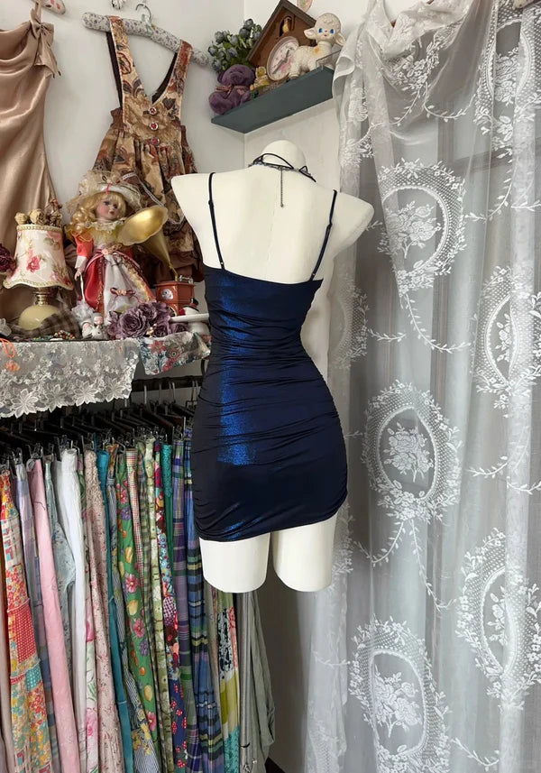 Robe de soirée courte moulante en satin bleu marine vintage à bretelles spaghetti RF0908
