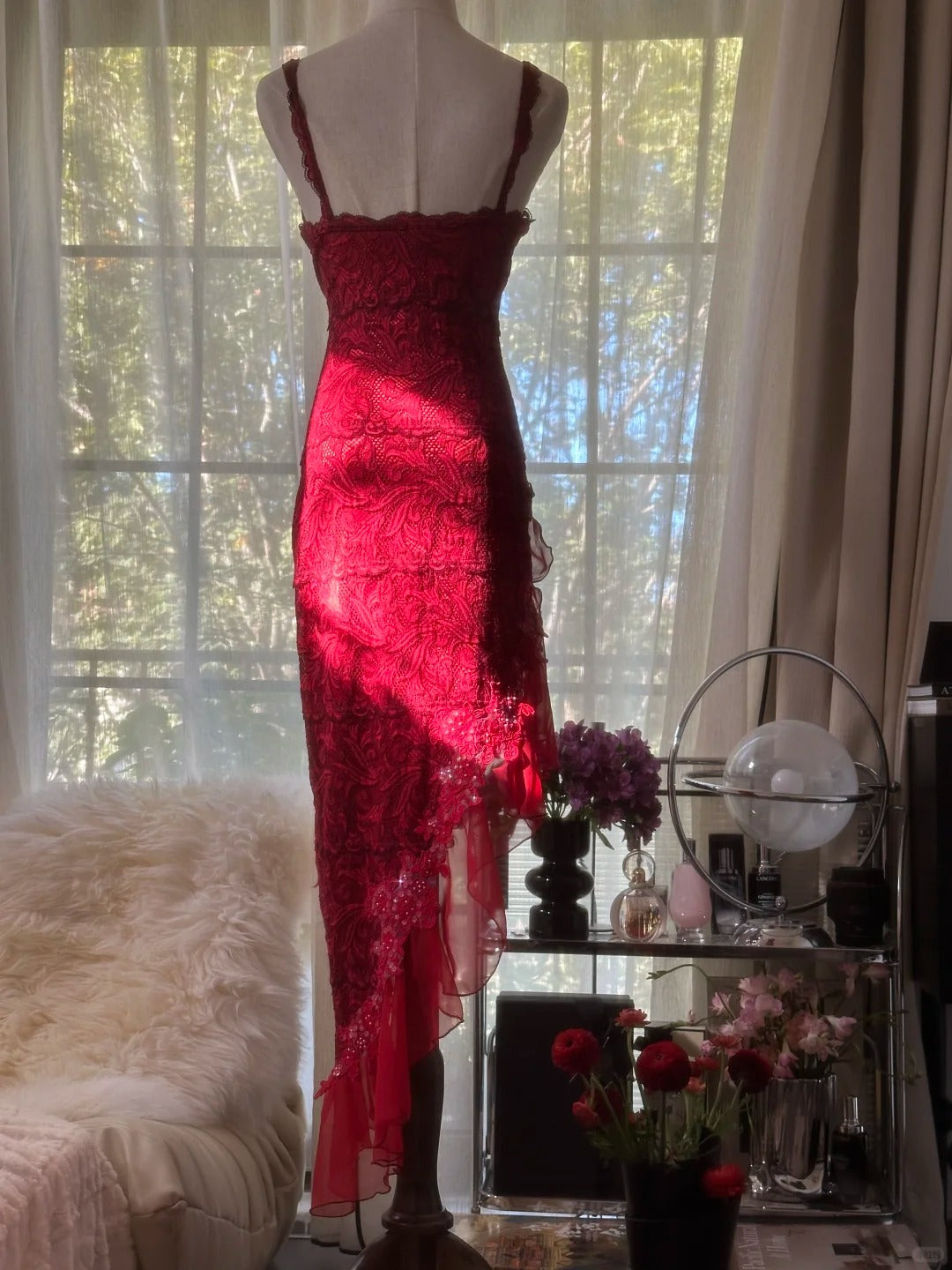 Elegante rote Spaghettiträger Etuikleid Spitze Chiffon kurze Ballkleider Vintage Abendkleider RF0909