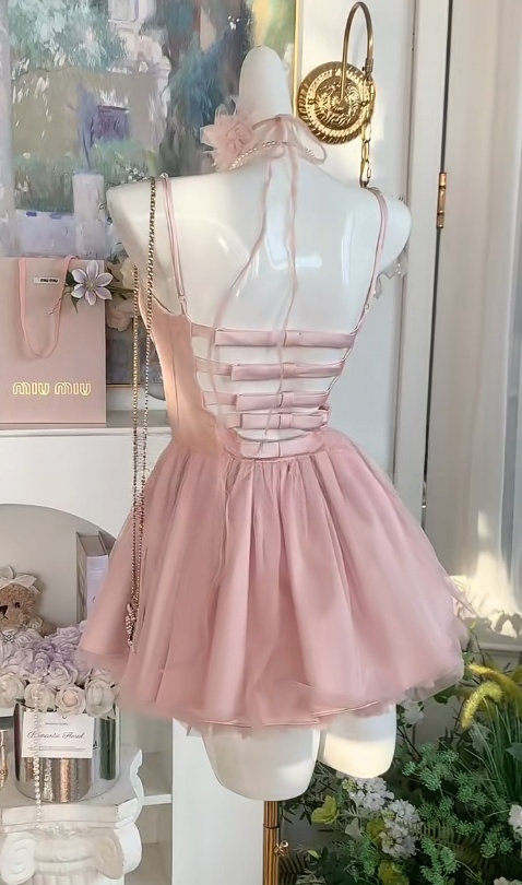 Süßes rosa Spaghettiträger A-Linie Spitze Satin Geburtstagskleid mit Schleife Mode Homecoming Kleid RF0929