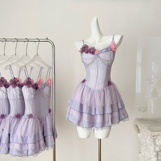 Süßes Lila Spaghettiträger A-Linie Chiffon Applique Kurzes Homecoming-Kleid Geburtstagspartykleid RF0944