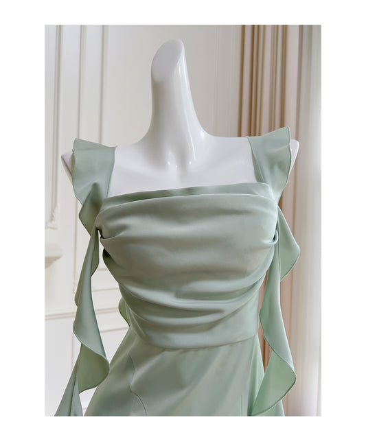 Schickes, mintgrünes Etuikleid mit quadratischem Ausschnitt und Satin-Kurzpartykleid, einfaches Homecoming-Kleid mit Schleife, RF0988