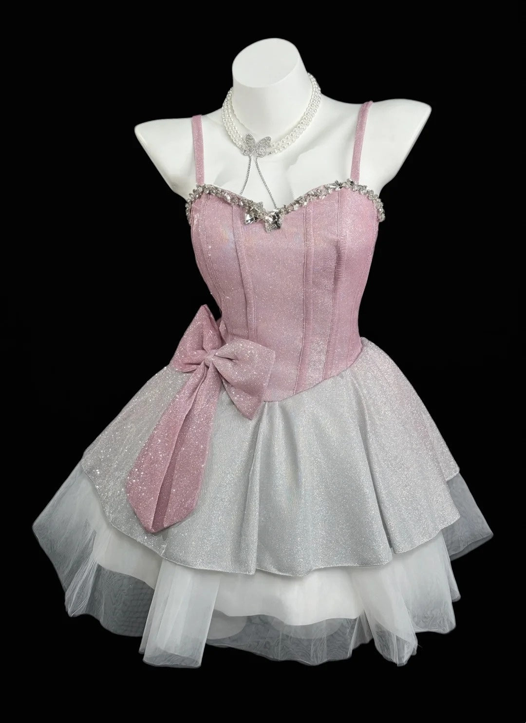 Romantic Ball Gowns Spaghetti Strap Pink Gray Short With Bow-knot Grad –  RubyFashionDress