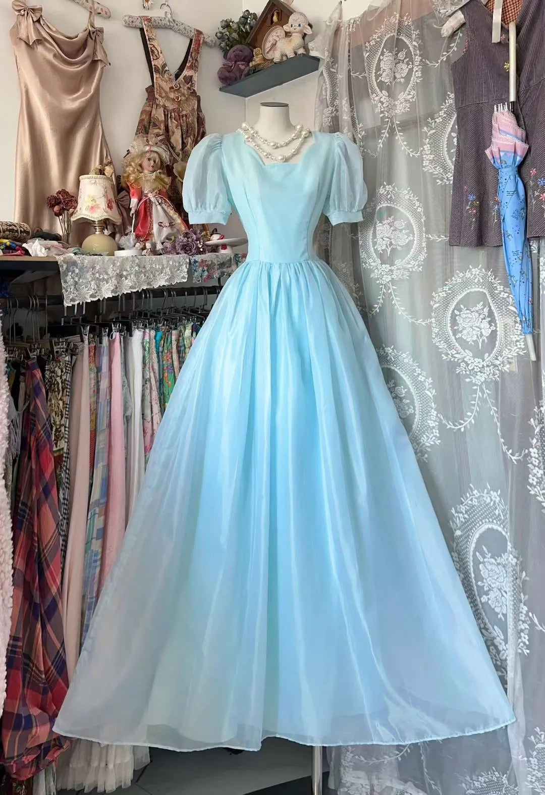Robe de bal vintage à manches courtes en tulle bleu ciel clair, longue, N1931