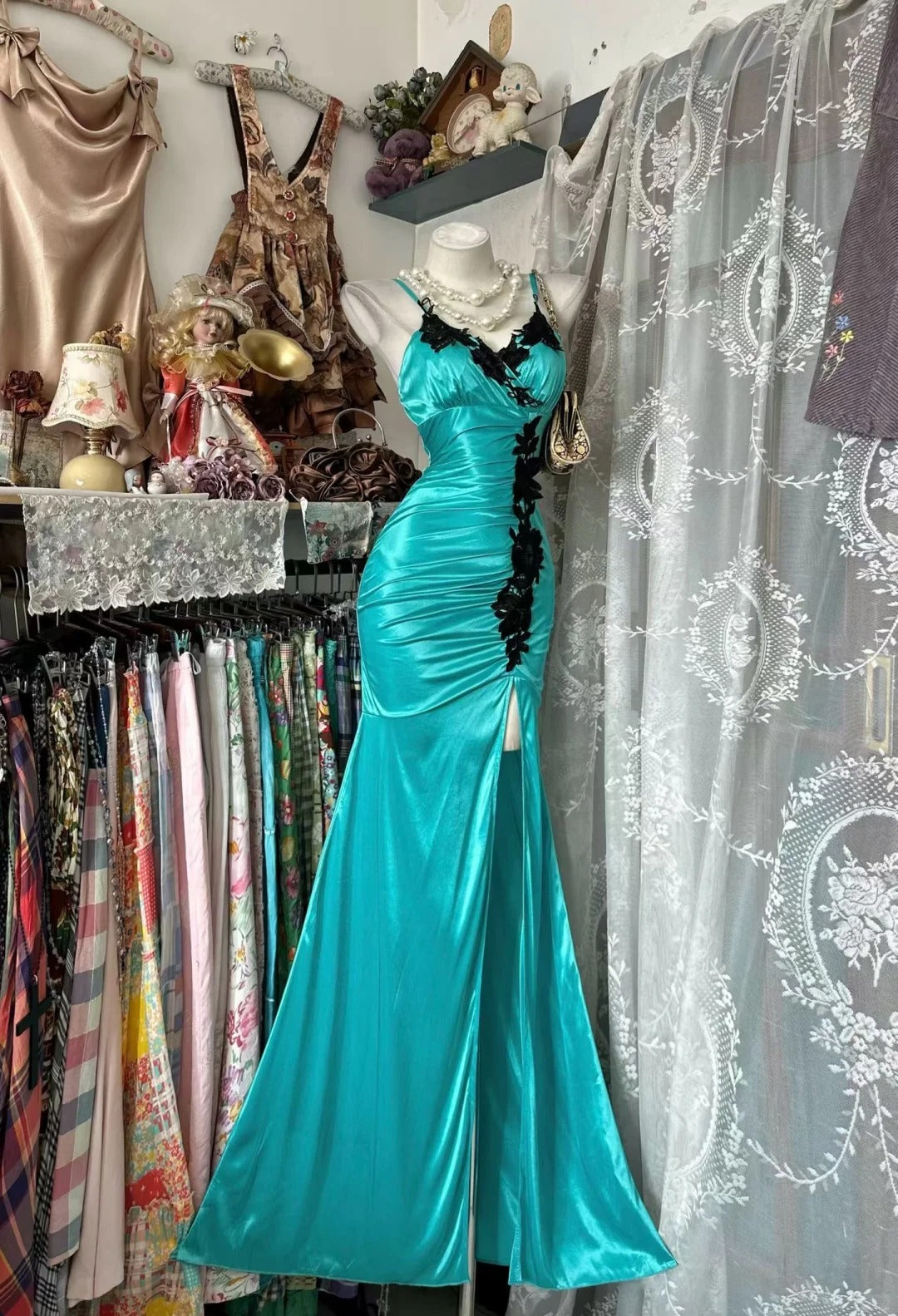 Vintage Prom Dresses Mermaid Spaghetti Straps Blue Slit Black Lace 2000s Party Evening Formal Gown RC1127