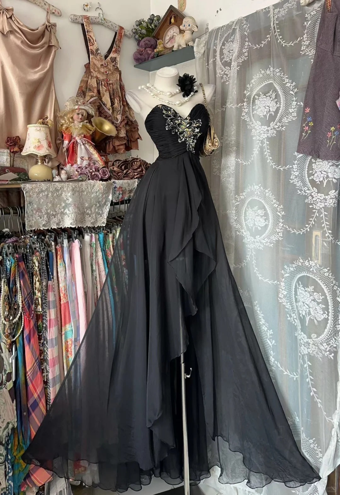 Prom Dress Mermaid Sweetheart Black Chiffon Floor Length High School Graduation Party Dresses RC1113