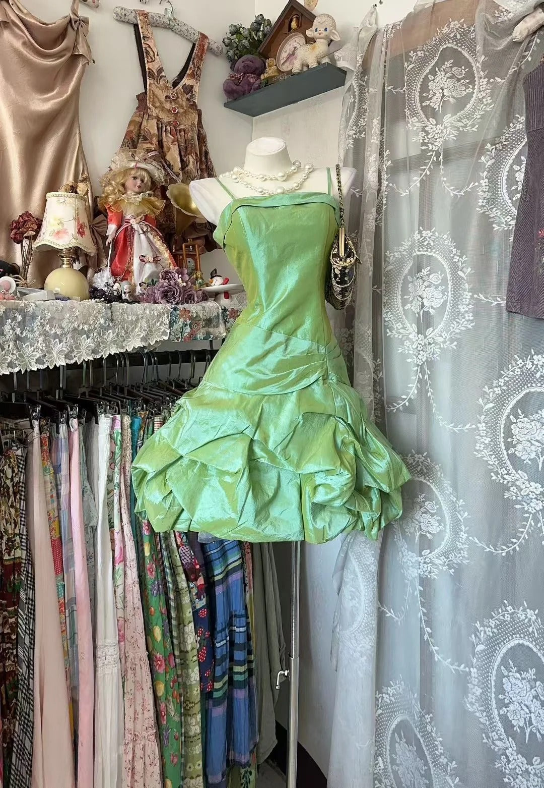 Süßes Ballkleid Spaghettiträger Grün Satin 16. Geburtstag Kleid Heimkehr Outfits N3595