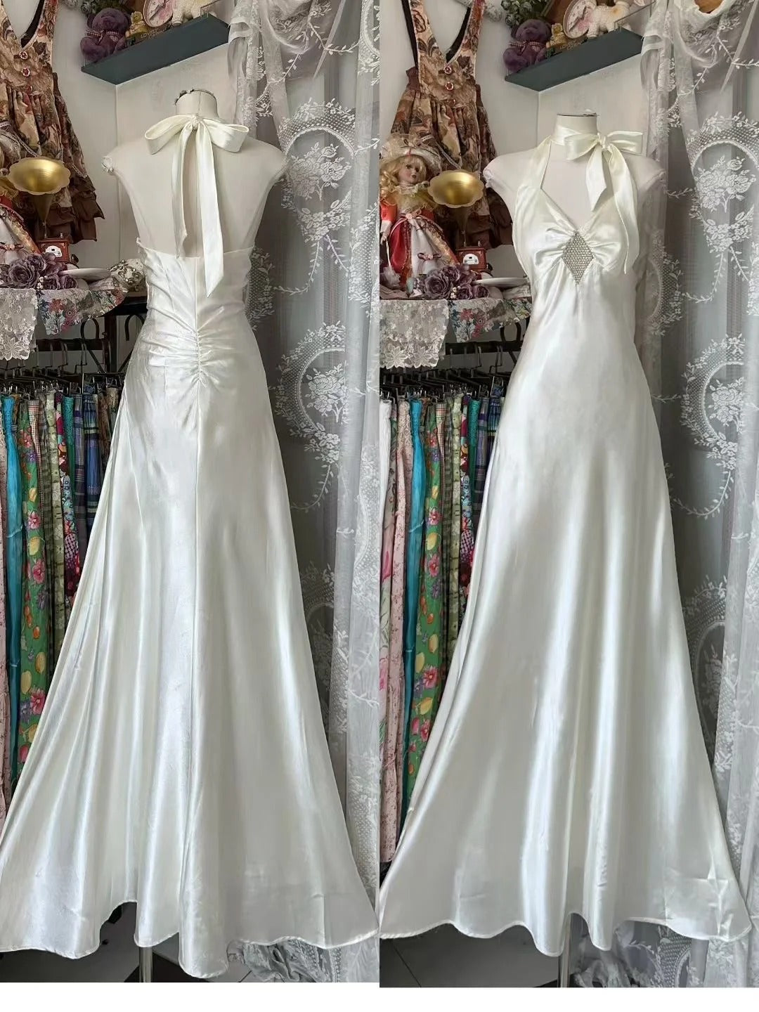 Vintage-Abendkleider, ästhetisch, Meerjungfrauen-Stil, Neckholder, weißer Satin, lang, inspirierende formelle Partykleider N1981